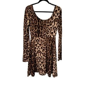 Angie Dress Womens Size M Leopard Animal Print Skater Long Sleeve Fit n Flare